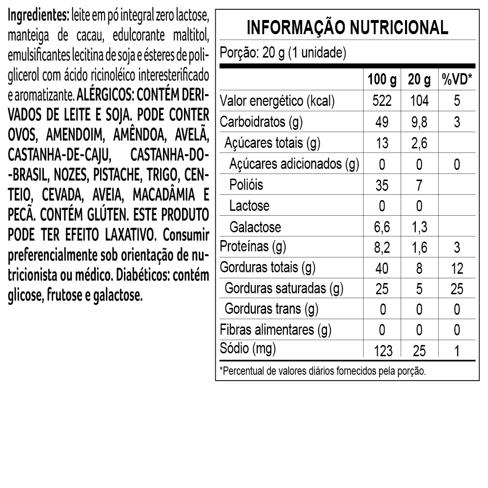 Tablete Bless Zero A&ccedil;&uacute;car e Zero Lactose de Chocolate Branco 20g, , large. image number 1