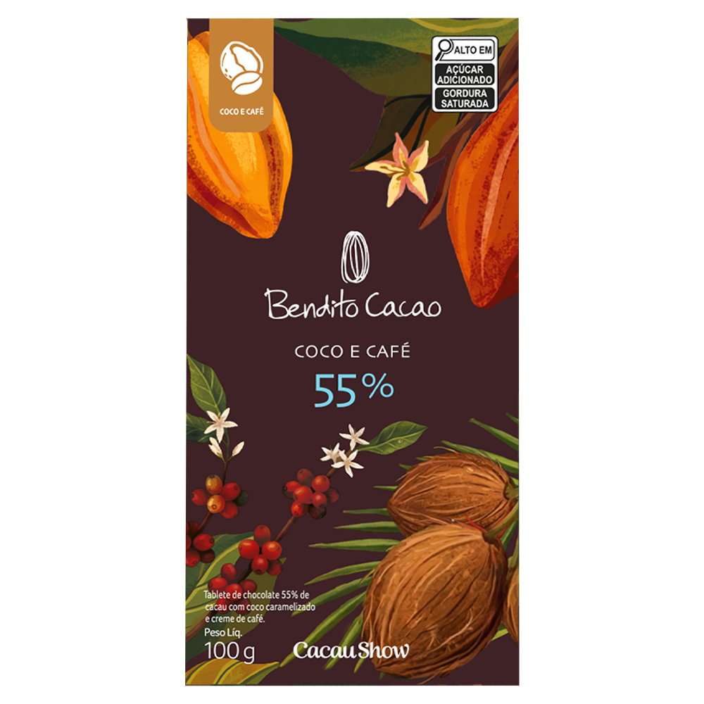 Tablete Bendito Cacao 55% Cacau com Coco e Caf&eacute; 100g, , large. image number 0