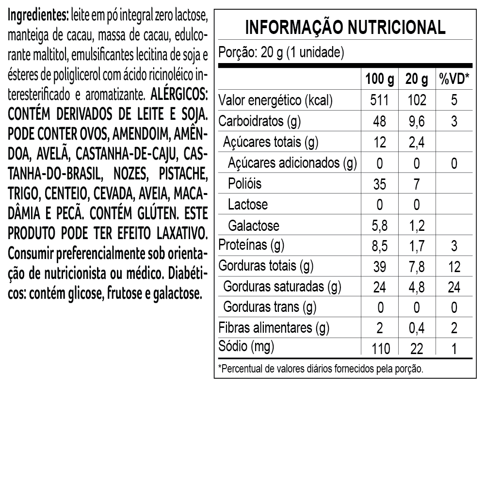 Tablete Bless Zero A&ccedil;&uacute;car e Zero Lactose de Chocolate ao Leite 20g, , large. image number 1