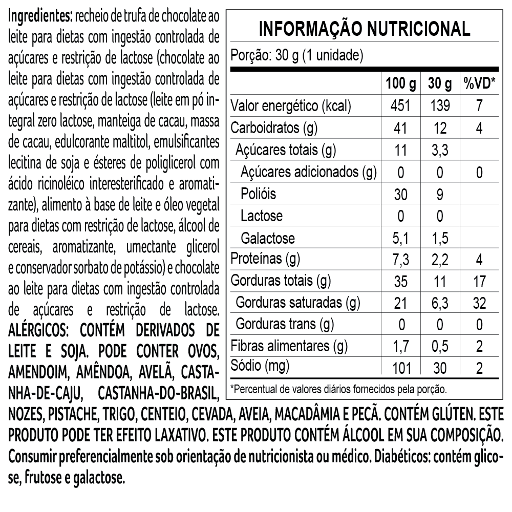 Trufa Bless Zero A&ccedil;&uacute;car e Zero Lactose de Chocolate ao Leite 30g, , large. image number 1