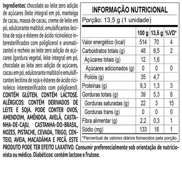 Bombom Bless Zero Adição de Açúcar ao Leite 13,5g, , large. image number 1