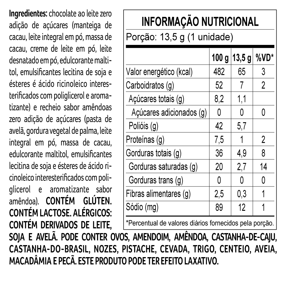 Bombom de Amêndoa Zero Adição de Açúcar 13,5g, , large. image number 1