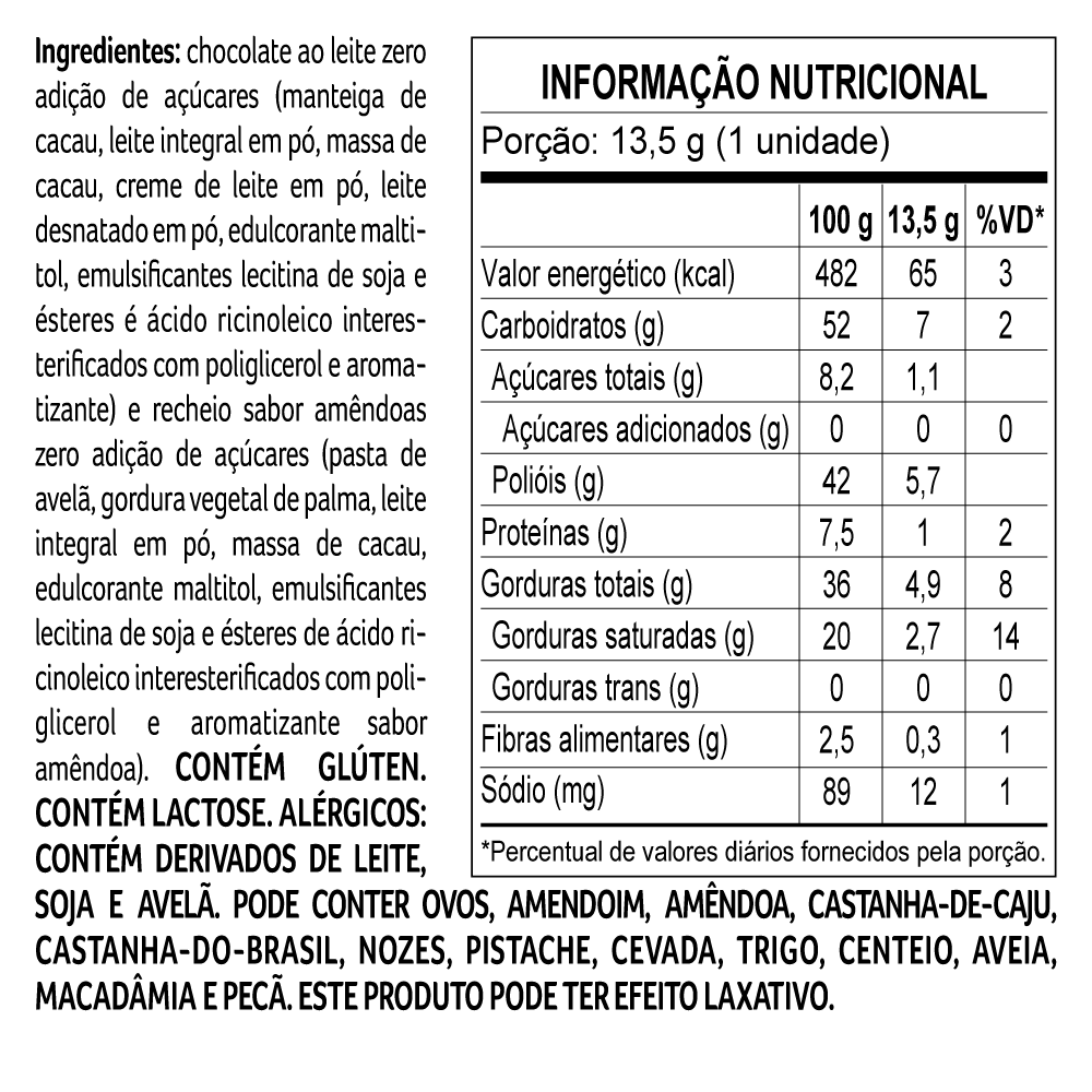 BOMBOM AMÊNDOA ZERO ADIÇÃO DE AÇÚCAR 13,5G, , large. image number 1