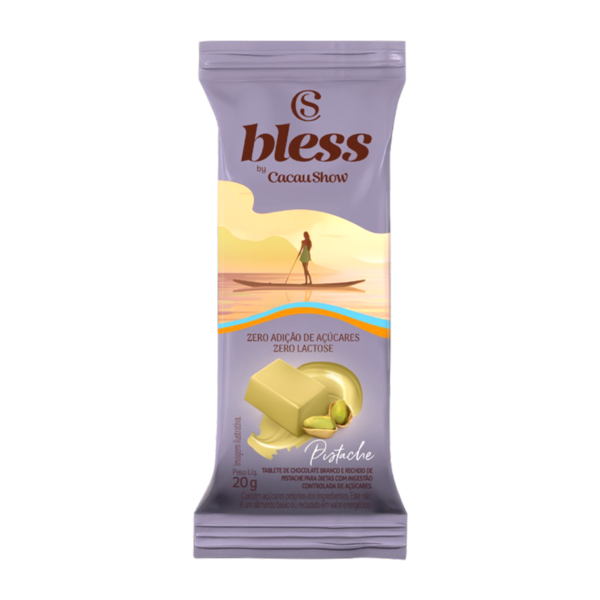 Tablete Bless Zero A&ccedil;&uacute;car e Zero Lactose de Chocolate Branco com Pistache 20g