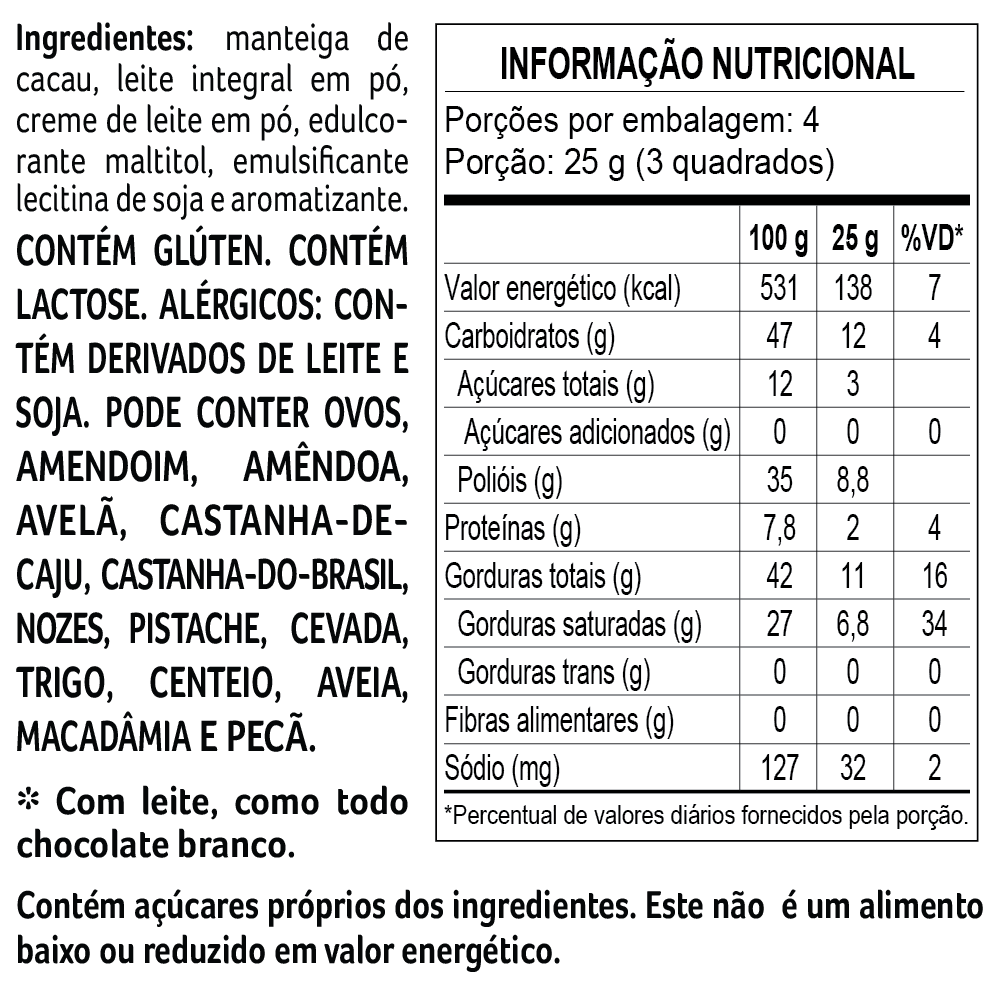 TABLETE LACREME BRANCO ZERO ADIÇÃO DE AÇÚCAR 100G, , large. image number 1