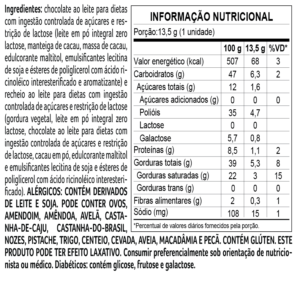 Bombom Bless Zero A&ccedil;&uacute;car e Zero Lactose de Chocolate ao Leite 13,5g, , large. image number 1