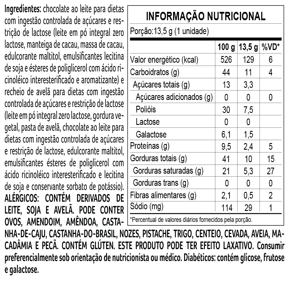 Bombom Bless Zero A&ccedil;&uacute;car e Zero Lactose de Chocolate com Avel&atilde; 13,5g, , large. image number 1