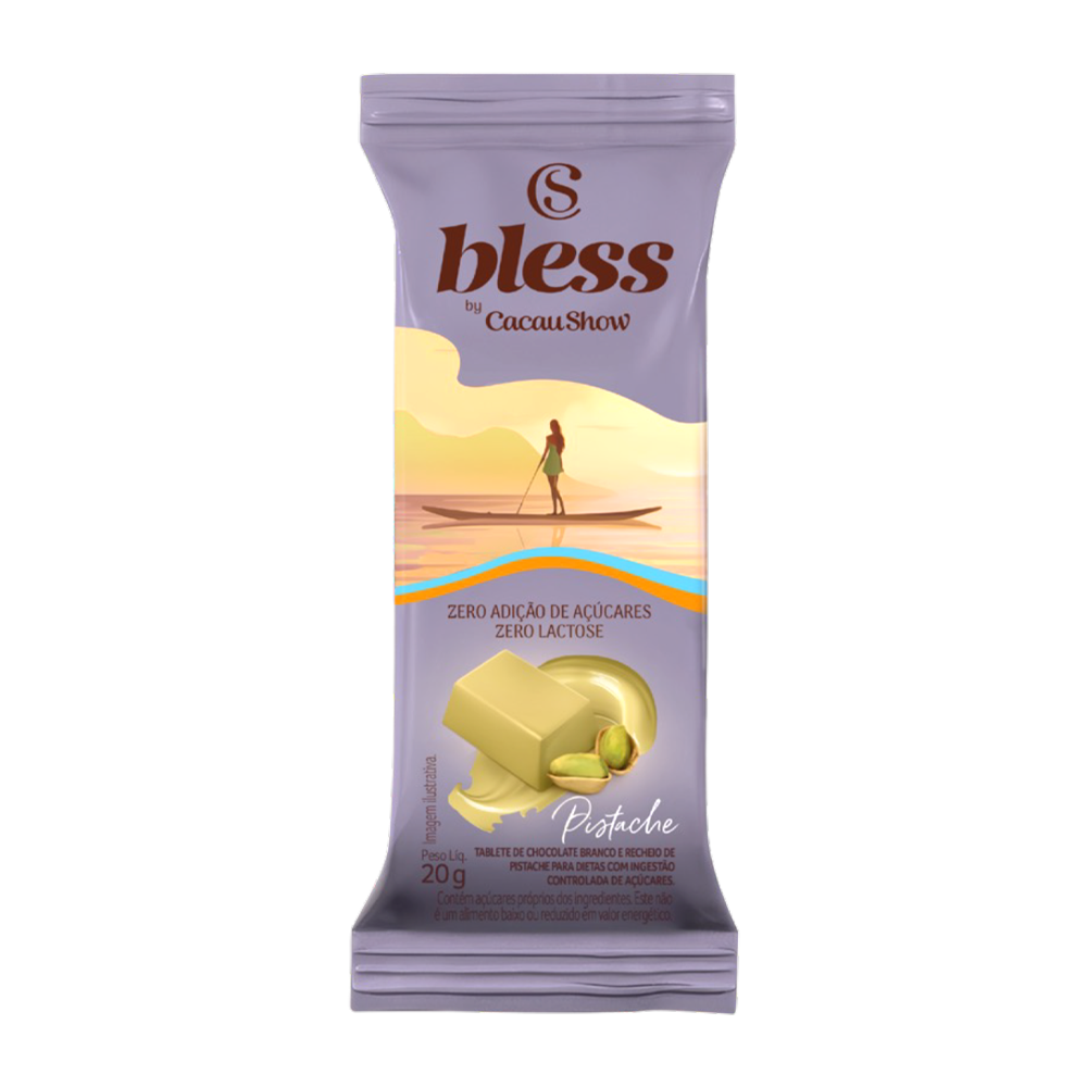 Tablete Bless Zero A&ccedil;&uacute;car e Zero Lactose de Chocolate Branco com Pistache 20g, , large. image number 0