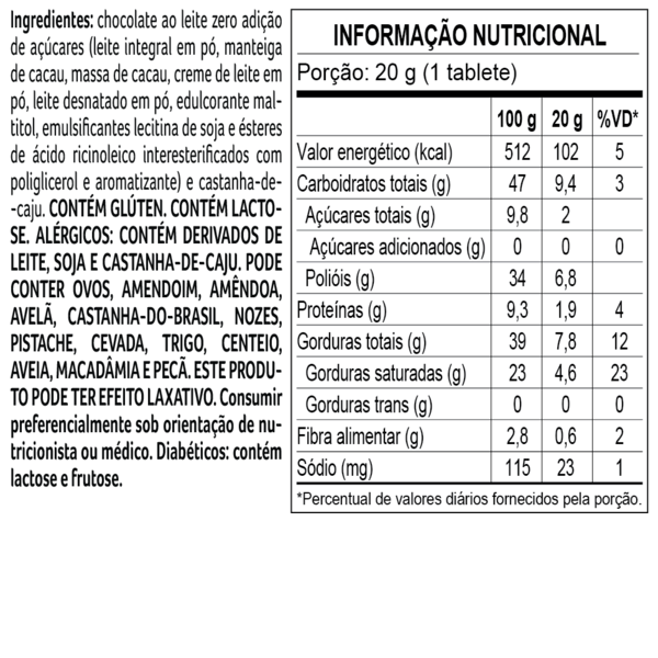 Tablete Bless Zero Adição de Açúcar Castanha de Cajú 20g, , large. image number 1
