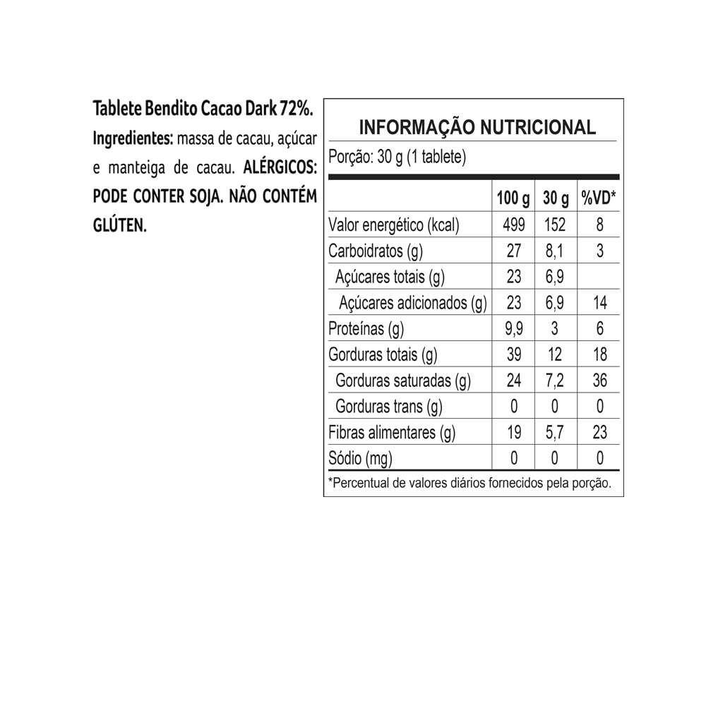 Tablete Bendito Cacao de Chocolate 72% Cacau 30g, , large. image number 1