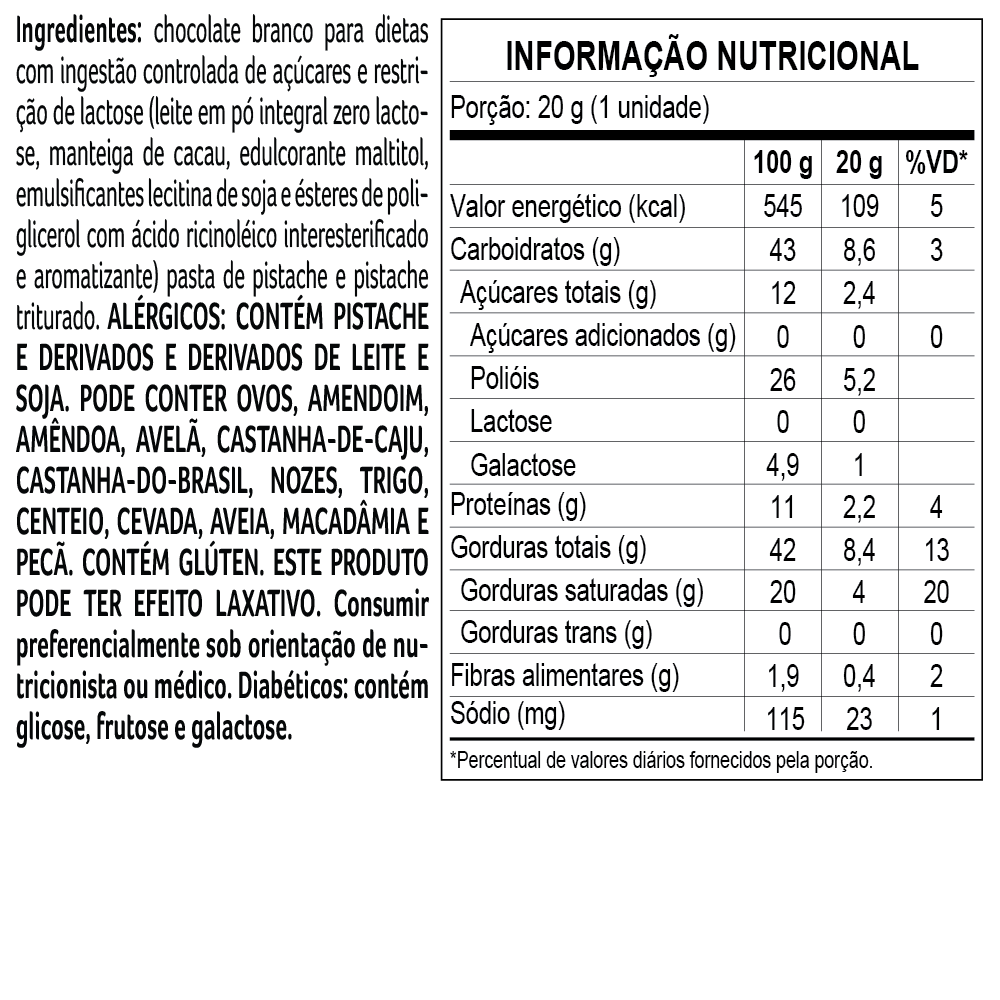 Tablete Bless Zero A&ccedil;&uacute;car e Zero Lactose de Chocolate Branco com Pistache 20g, , large. image number 1