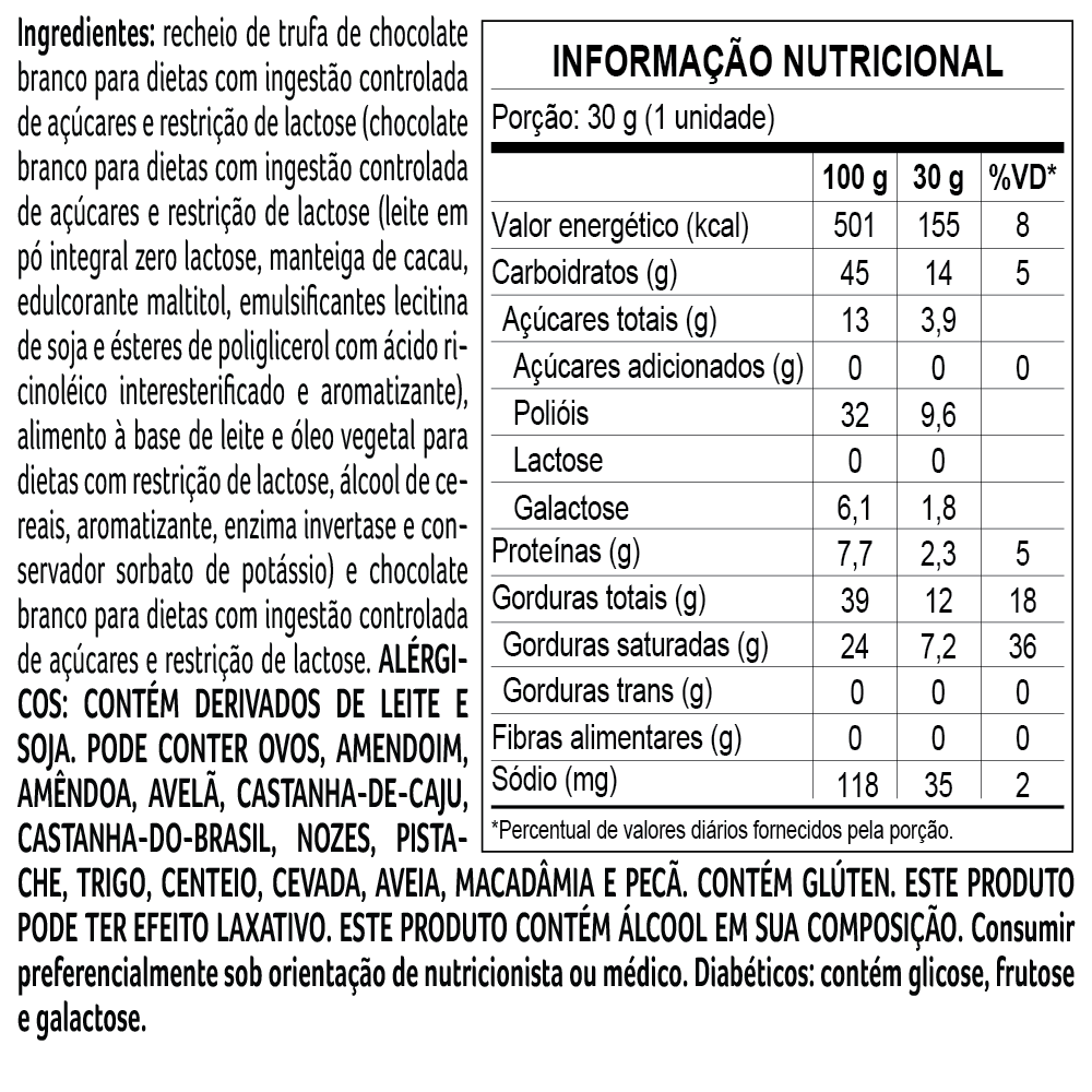 Trufa Bless Zero A&ccedil;&uacute;car e Zero Lactose de Chocolate Branco 30g, , large. image number 1